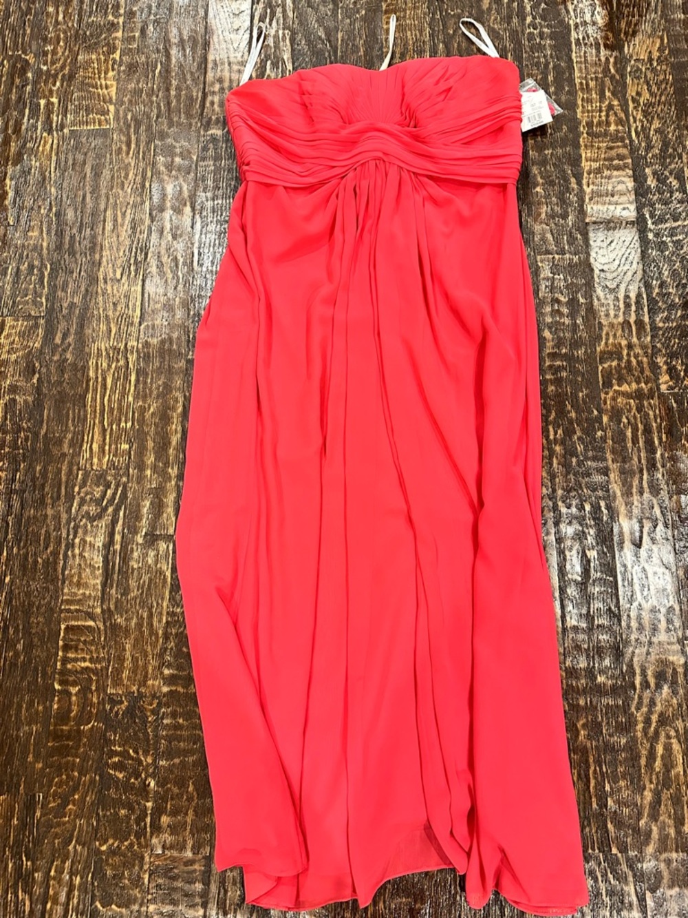 David's Bridal Strapless Coral-Red Chiffon Gown